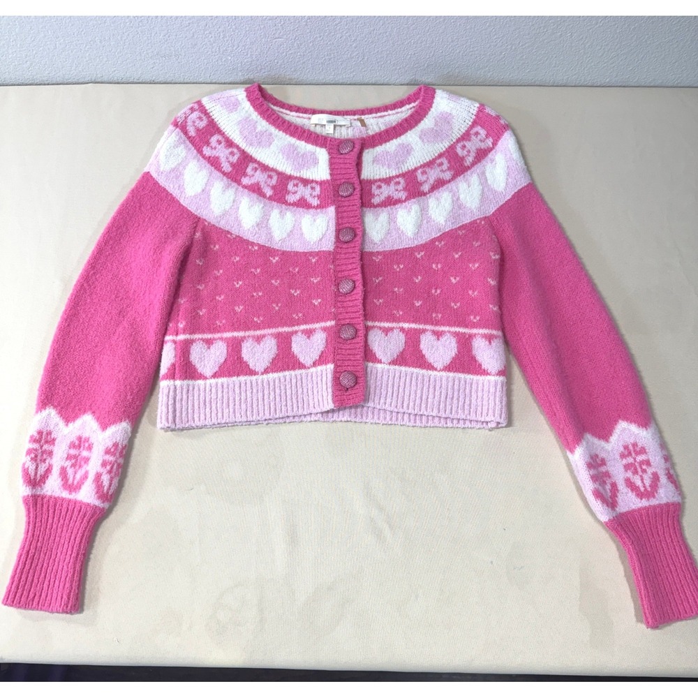 LoveShackFancy Dimples Pink Heart Bow Cropped Cardigan Sweater Size M Coquette - Picture 4 of 15